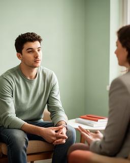 Man van 29 in gesprek met een begeleider in een rustige spreekkamer in Dalfsen