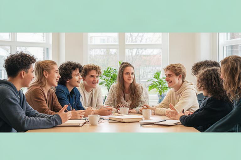 Diverse jongeren praten samen aan een tafel in een lichte ontmoetingsruimte in Dalfsen