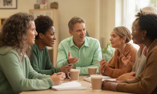 Diverse nieuwkomers en begeleiders in gesprek aan een tafel in een buurthuis in Dalfsen
