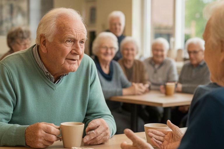 Oudere man in een buurthuis in Dalfsen tijdens een gesprek aan de koffietafel