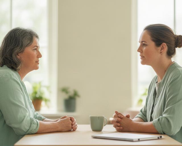 Twee mensen in gesprek aan een tafel in een lichte ruimte in Dalfsen, met aandacht voor mentale ondersteuning